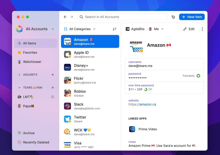 Meilleures applications Mac pour 2024 : meilleur logiciel pour votre Mac 44 1Password 8 pour Mac affichant une sélection de noms d'utilisateur enregistrés.