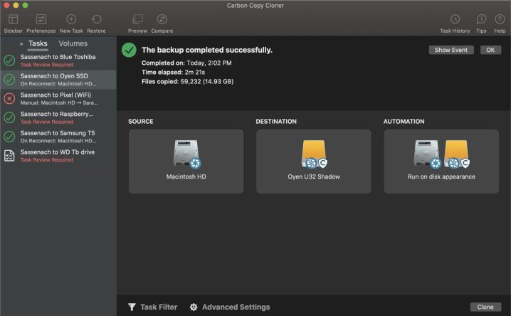 Meilleures applications Mac pour 2024 : meilleur logiciel pour votre Mac 45 L'application Carbon Copy Cloner montrant la réussite d'une sauvegarde de disque.