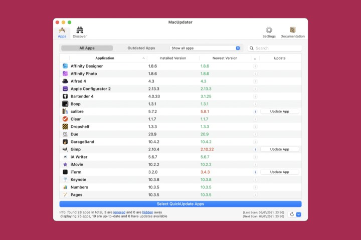 Meilleures applications Mac pour 2024 : meilleur logiciel pour votre Mac 50 L'application MacUpdater montrant son écran principal, avec des apps prêtes à être mises à jour.
