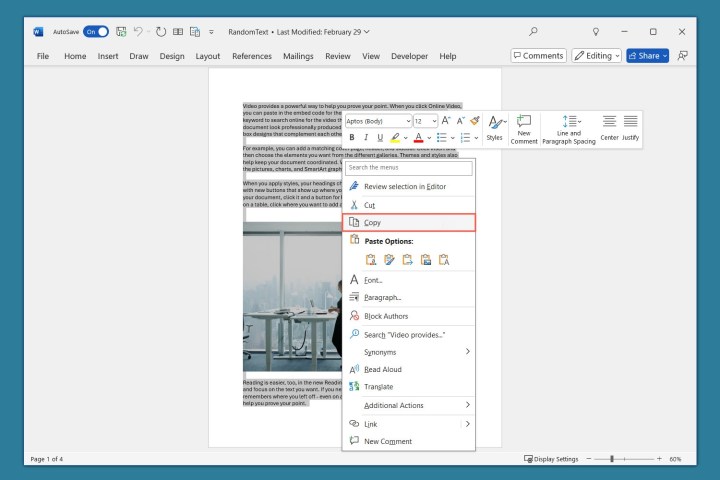 Comment convertir Word en PDF ou JPEG 4 Copier dans le menu contextuel de Word.