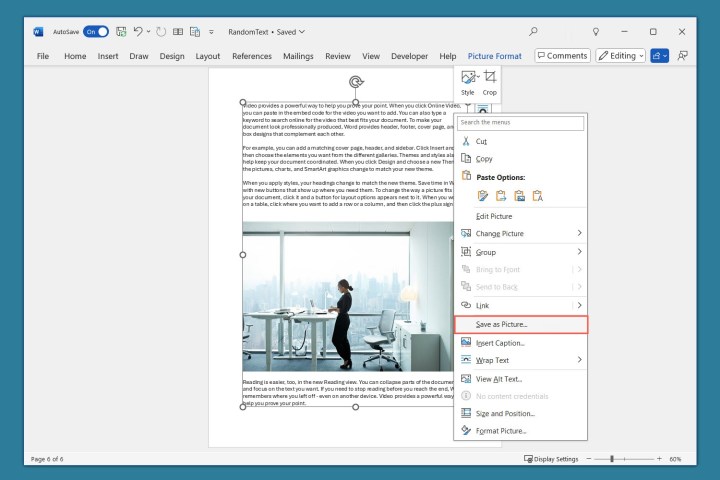 Comment convertir Word en PDF ou JPEG 6 Enregistrer comme image dans le menu contextuel de Word.