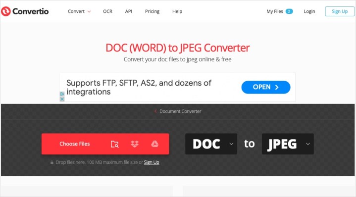 Comment convertir Word en PDF ou JPEG 14 Choisir des fichiers sur la page Convertio Doc to JPEG.