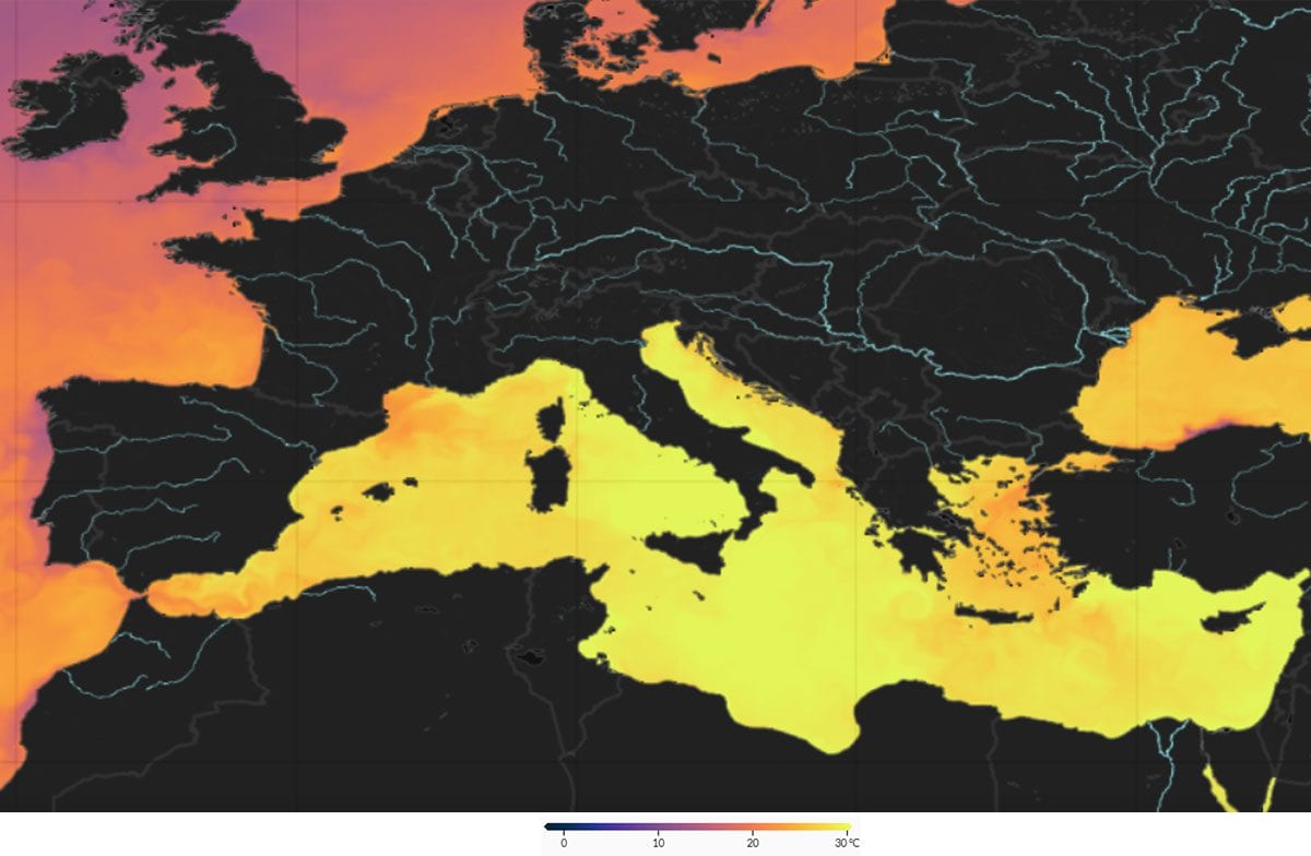 Mer toujours plus chaude, la Méditerranée atteint le record historique de température 3 Température de la mer Méditerranée le 15 août / Crédit : Données Marine Copernicus