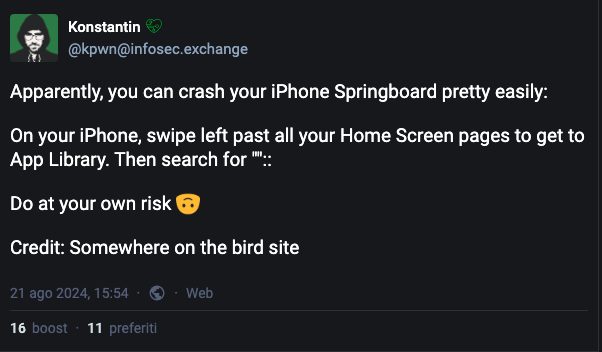 Il suffit de ces quatre caractères pour bloquer un iPhone : le bug pour bloquer l'écran 3 MASTODON | Le post dans lequel est expliquée la méthode des caractères pour l'iPhone