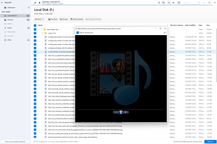 J'ai pu écouter des aperçus sonores pendant que Disk Drill Pro scannait mon HDD.