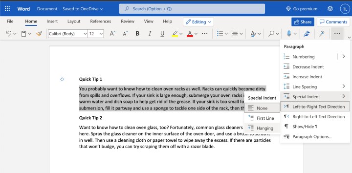 Comment faire un retrait suspendu dans Microsoft Word 9 Une section de texte surlignée dans la version web de Microsoft Word.
