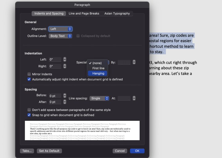 Comment faire un retrait suspendu dans Microsoft Word 7 Paramètres de retrait suspendu dans Word pour macOS.