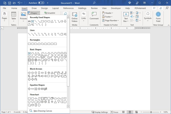 Comment dessiner dans Microsoft Word 3 Boîte de sélection des formes dans l'onglet Insertion de Word.