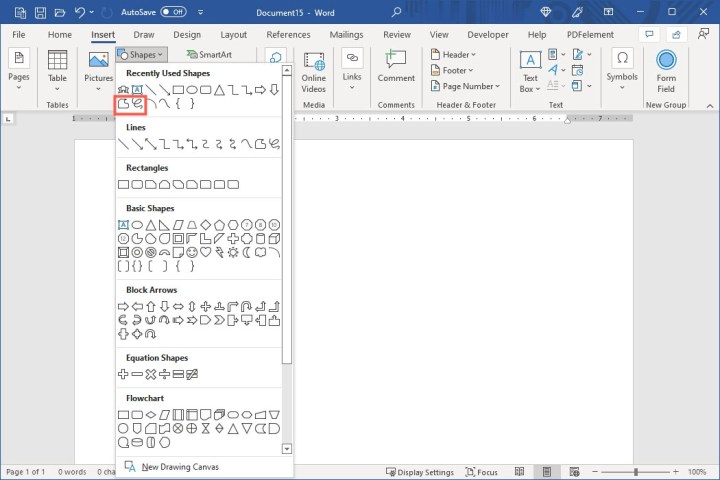 Comment dessiner dans Microsoft Word 6 Options de dessin libre dans la boîte déroulante des formes dans Word.