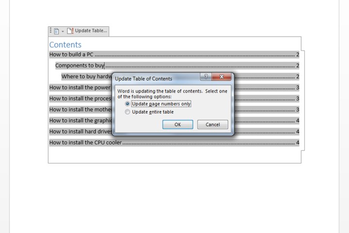 Comment créer une table des matières dans Microsoft Word 5 Les options de mise à jour pour une table des matières sur Microsoft Word.