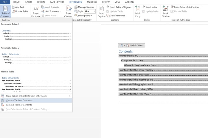 Comment créer une table des matières dans Microsoft Word 6 Le bouton Table des matières personnalisée sur Microsoft Word utilisé pour personnaliser une table.