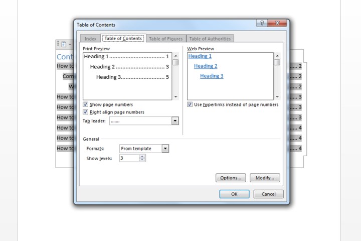 Comment créer une table des matières dans Microsoft Word 7 La fenêtre Table des matières personnalisée sur Microsoft Word utilisée pour personnaliser une table.