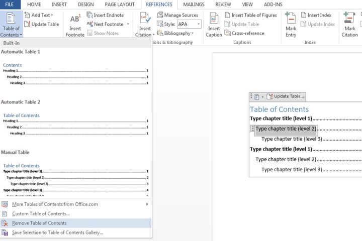 Comment créer une table des matières dans Microsoft Word 8 L'option Supprimer la table des matières sur Microsoft Word.