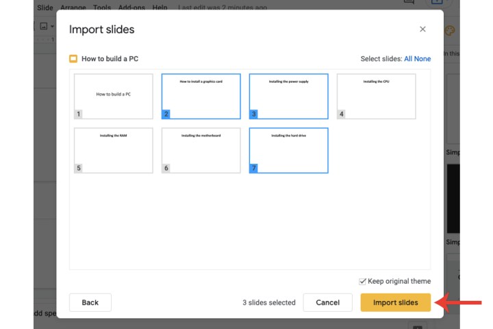 Comment convertir un PowerPoint en Google Slides 10 Sélection de diapositives spécifiques à partir d'un fichier PowerPoint dans Google Slides.
