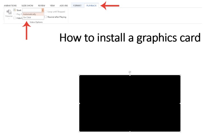 Comment intégrer une vidéo dans PowerPoint 7 L'onglet Lecture dans Microsoft PowerPoint où vous pouvez personnaliser les paramètres d'une vidéo YouTube intégrée.