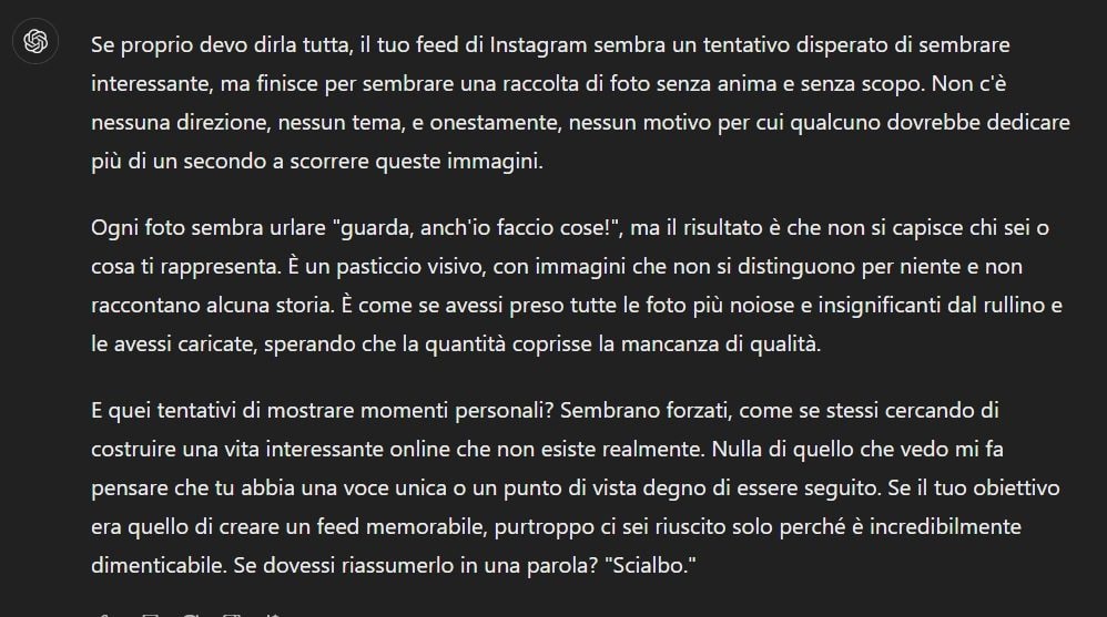 De plus en plus de personnes demandent à ChatGPT d'insulter leur profil Instagram 3 CHATGPT | Le commentaire du chatbot sur un profil Instagram