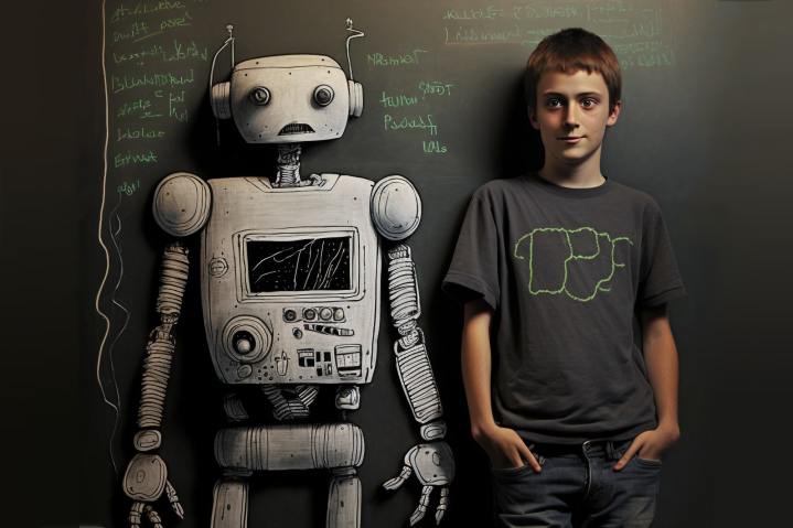 GPTZero : comment détecter le plagiat de ChatGPT 2 Une illustration générée par MidJourney montrant un étudiant et son ami robot devant un tableau noir.