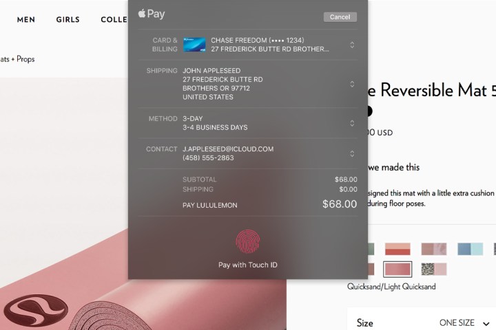Je n'utiliserais jamais un Mac sans d'abord changer ces 8 paramètres 2 Un écran macOS affichant un achat en cours sur un site web. L'utilisateur est invité à confirmer le paiement via le bouton Touch ID de son Mac.