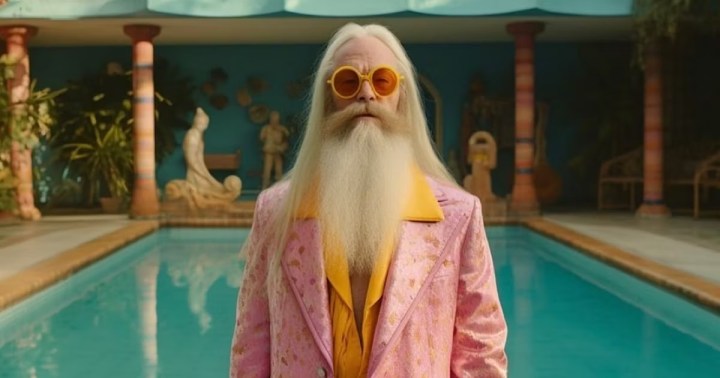 La génération d'images par IA vient de faire un énorme bond en avant 2 Professeur Dumbledore au bord de la piscine dans l'univers de Harry Potter de Wes Anderson.