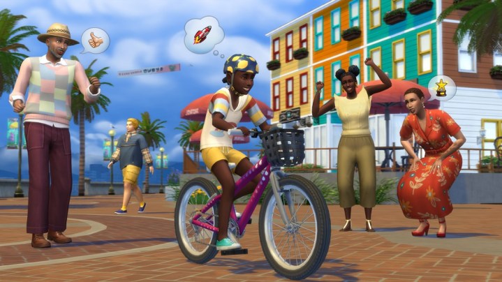 Un enfant Sim fait du vélo pendant que d'autres Sims l'encouragent.