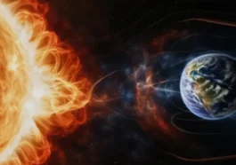 Illustration d'une tempête solaire repoussée par le champ magnétique de la Terre