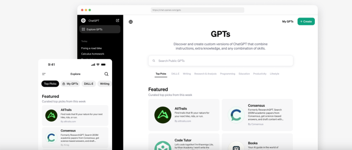 Qu'est-ce que ChatGPT Plus ? Ce qu'il faut savoir avant de s'abonner 5 Une capture d'écran d'un graphique du site Web d'OpenAI, montrant le GPT Store sur desktop et mobile.