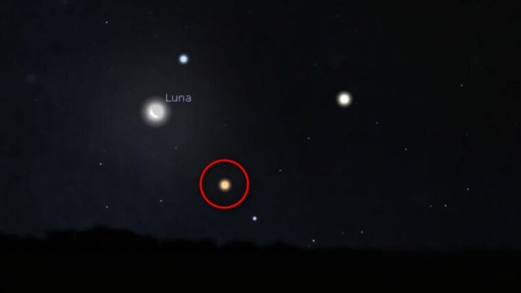 Qu'est-ce que la magnifique gemme rouge visible à côté de la Lune : à quelle heure regarder le ciel 1 Simulation de la conjonction astrale dans la nuit du 27 au 28 août 2024. Crédit : Stellarium