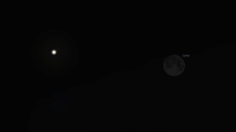Qu'est-ce que la perle lumineuse visible près du croissant de Lune ce soir 1 Simulation du ciel de ce soir. Crédit : Stellarium