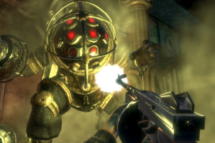 Rumeurs sur Bioshock 4 : tout ce que nous savons jusqu'à présent 2 Un joueur de BioShock tirant sur un Big Daddy.