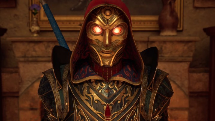 Xbox pourrait enfin révéler certaines dates de sortie à la Gamescom 2 Une figure masquée dans Avowed. Le masque semble fait d'or, avec des yeux rouges brillants, et une capuche sur la tête.