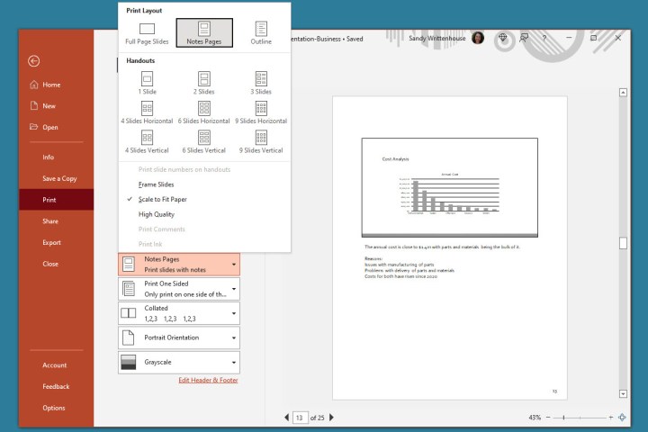 Comment imprimer une présentation PowerPoint avec des notes 4 Pages de notes sélectionnées pour imprimer dans PowerPoint.