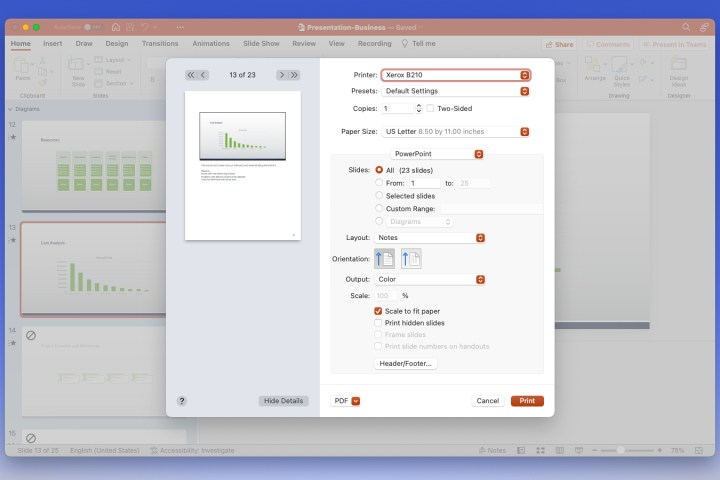 Comment imprimer une présentation PowerPoint avec des notes 8 Écran d'impression dans PowerPoint sur Mac.