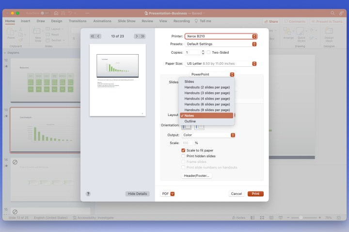 Comment imprimer une présentation PowerPoint avec des notes 7 Notes sélectionnées à imprimer dans PowerPoint.