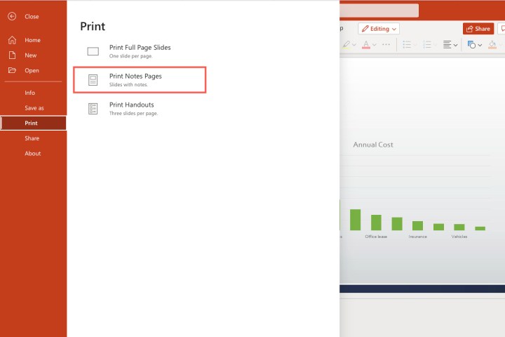 Comment imprimer une présentation PowerPoint avec des notes 9 Pages de notes imprimées sélectionnées dans PowerPoint sur le web.