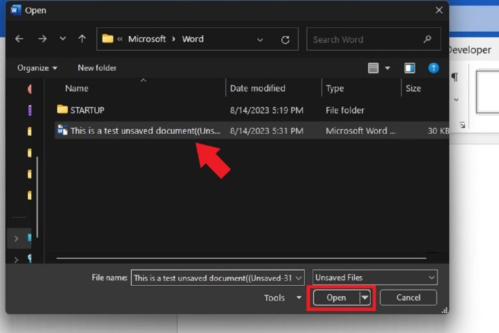 Comment récupérer des documents Word non enregistrés sur Windows et Mac 4 La fenêtre Ouvrir contenant des documents Word non sauvegardés.