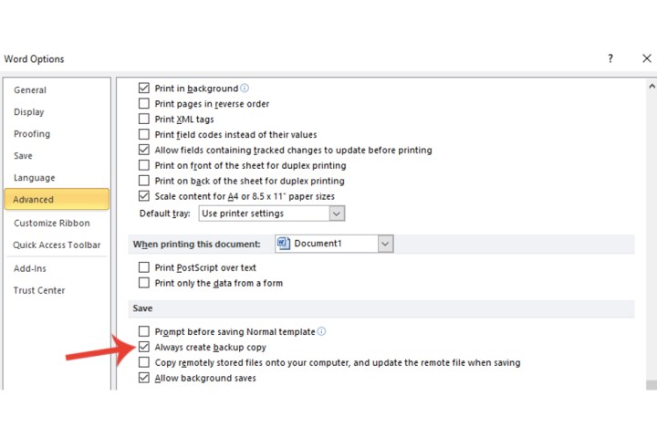 Comment récupérer des documents Word non enregistrés sur Windows et Mac 9 Le bouton Créer toujours une copie de sauvegarde dans Microsoft Word.