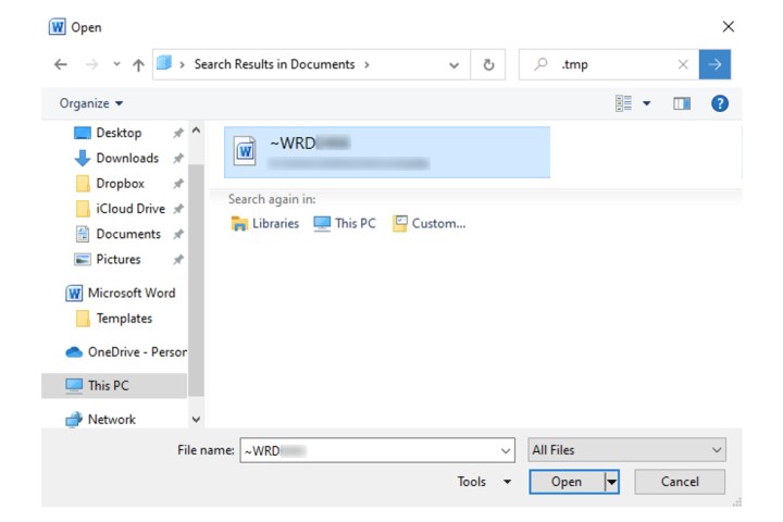 Comment récupérer des documents Word non enregistrés sur Windows et Mac 8 Un fichier .tmp de Microsoft Word situé dans les Documents sous Windows 10.