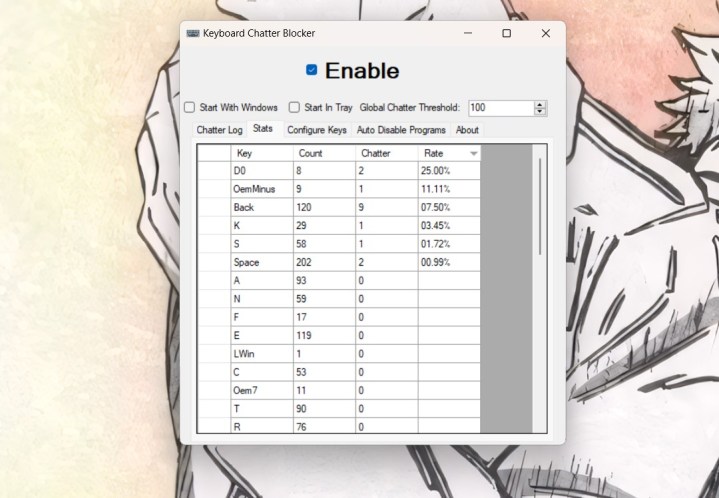 Vous avez un clavier mécanique ? Vous avez besoin de cette application gratuite 5 KeyboardChatterBlocker en fonctionnement avec l'écran des statistiques sur Windows.