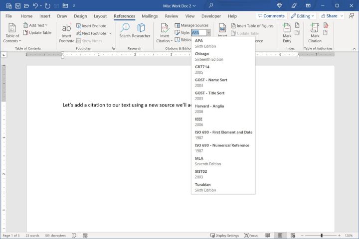Comment créer une bibliographie dans Word sur Windows et Mac 3 Liste déroulante de style dans l'onglet Références de Word.