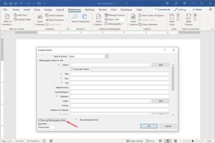 Comment créer une bibliographie dans Word sur Windows et Mac 5 Afficher tous les champs de bibliographie marqué dans Word.