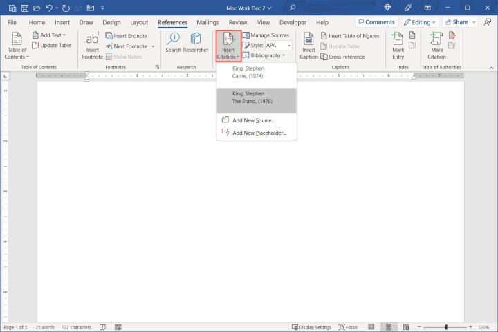 Comment créer une bibliographie dans Word sur Windows et Mac 9 Menu déroulant Insérer citation dans Word.