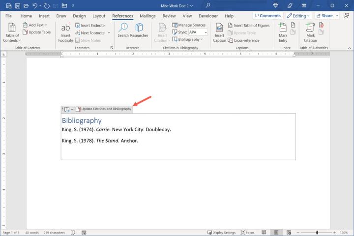Comment créer une bibliographie dans Word sur Windows et Mac 12 Bouton de mise à jour pour une bibliographie dans Word.