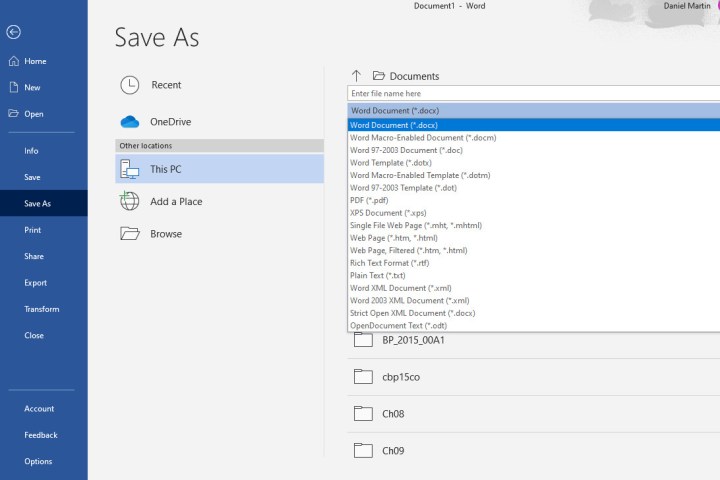Devriez-vous utiliser Microsoft Word ou Google Docs 3 Capture d'écran de bureau montrant le menu Enregistrer sous de Microsoft Word et ses diverses options de format de fichier.