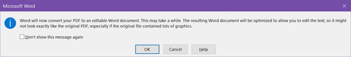 Comment convertir un PDF en document Word 7 A warning message about converting a PDF in word.