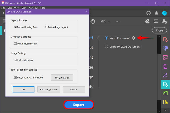 Comment convertir un PDF en document Word 5 Exporting in Adobe Acrobat Pro.