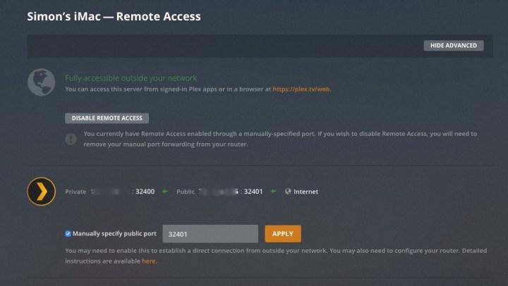 Comment utiliser Plex Media Server pour regarder tous vos médias 8 Écran de configuration d'accès à distance de Plex.