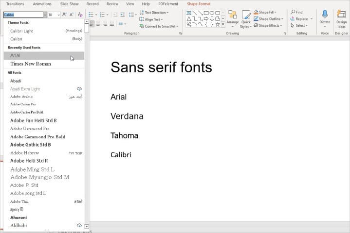 Meilleures pratiques pour créer des slides PowerPoint impressionnantes 3 Liste des polices sans empattement dans PowerPoint.