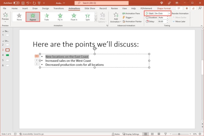 Meilleures pratiques pour créer des slides PowerPoint impressionnantes 7 Onglet animations montrant l'effet Apparaitre et A la clic pour Début.