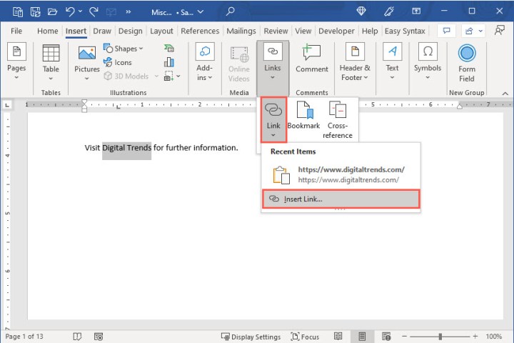 Comment ajouter des liens hypertextes dans Word 3 Menu déroulant des liens avec Insérer un lien dans Word.