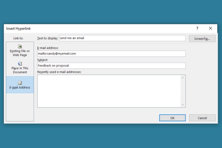 Comment ajouter des liens hypertextes dans Word 10 Adresse e-mail dans la boîte Insérer un lien dans Word.